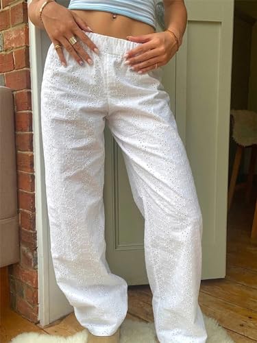 Raruxxin Y2K Eyelet Pants for Women Cute Flower Embroidered Pants Casual Loose Wide Leg High Waist Palazzo Lounge Trousers2
