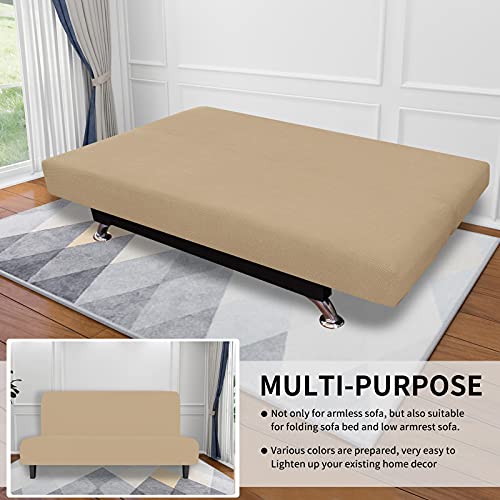 Image of Easy-Going Stretch Medium Futon Slipcover Armless Futon Cover Sand | Sofa Bed Furniture Protector Without Armrests with Elastic Bottom for Kids, Soft Jacquard Machine Washable