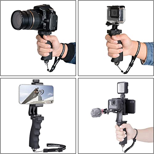 2in1 Ergonomic Portable Action Camera+Smartphone SYN Hand Grip Stabilizer Combo Mount Video Vlogging Rig Holder Kit for GoPro Hero 11 iPhone Interview Travel YouTube Tiktok Streaming-Mic+Light Adapter