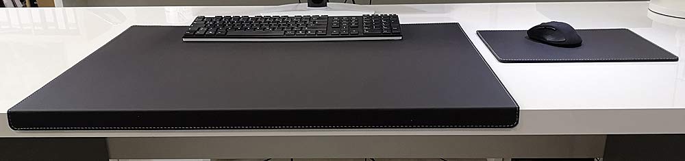 Gewinkelte Schreibtischunterlage mit Kantenschutz + Mousepad Echt Leder Schwarz mit grauer Naht 60 x 38cm Echt Nappaleder glatt