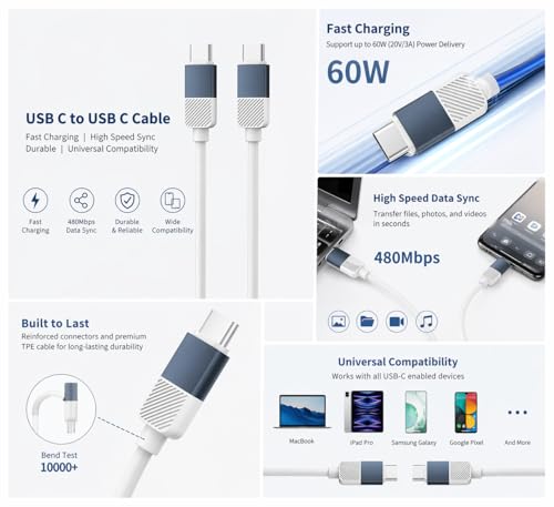 Image of Type C to Type C Silicone Cable | 60W Fast Charging & Sync | Soft Anti-Tangle Design | Universal Compatibility | Smartphones & Tablets | Blue
