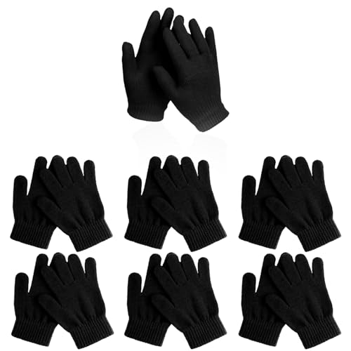 Kids Black Magic Gloves - Assorted 12 Pairs Stretchy Warm Knit Thermal Gloves For Boys Girls Full Fingers Stretch Mittens Accessories For Indoor And Outdoor One Size UK (12 Pairs Black)