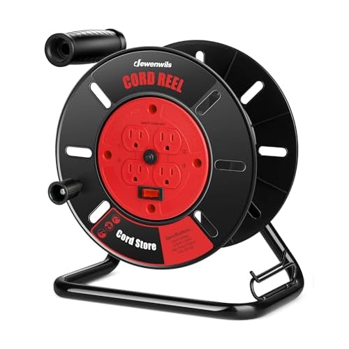 DEWENWILS Extension Cord Storage Reel with 4-Grounded Outlets, Heavy Duty Open Cord Reel for 12/3,14/3,16/3 Gauge Power Cord, Hand Wind Retractable, 10A Circuit Breaker, Rocker Power Switch