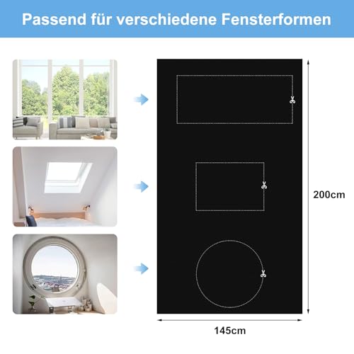 Fenster Verdunkelung 200x145cm, Verdunkelungsrollo zum Zuschneiden, mit 10 Klettstreifen, Verdunkelungsvorhang für Schlafzimmer, Kinderzimmer, Büro, Dachfenster