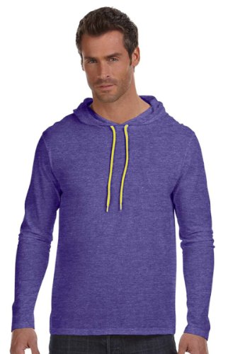 Anvil Lightweight Hooded T-Shirt, Heather Blue/Neon Yellow, Medium