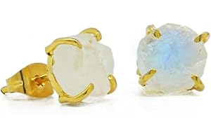 Gempires Natural Raw Rainbow Moonstone Prong Setting Stud Earrings