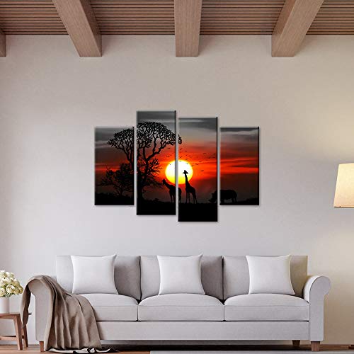 Levvarts 4 Piece Animal Wall Art Giraffes At Sunset Picture Canvas Prints Modern Black And White Red Painting For Farmhouse Home Living Room Decor Framed Ready To Hang #TOP1