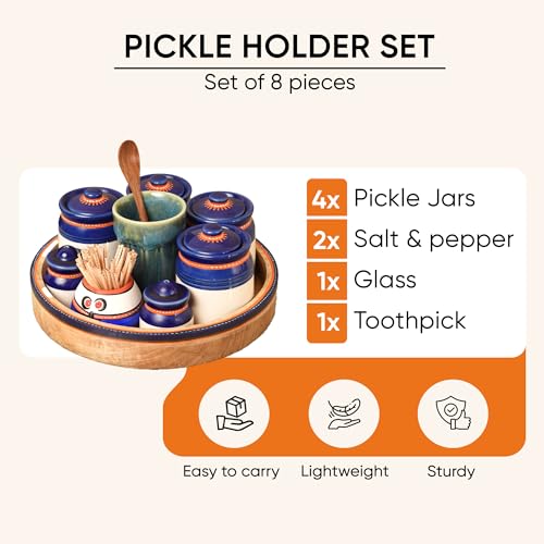 Image of Aakriti Art Creations Pickle Pallet Set of 4 with Teak Wood Tray | Ceramic Achar ki Barni & Mukhwas Box | Handcrafted Abstract Art Storage Jar for Spice & Pickle | Traditional Achaar Barni for Kitchen