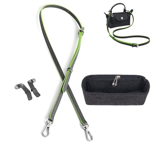 Adjustable Leather Straps & Purse Organizer Insert Compatible with Longchamp Mini Pouch Handbag Conversion Set with Zipper Hook Womens Shoulder Straps Replacement Crossbody Accessories (Grey&Green)
