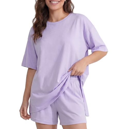 DAVID ARCHY Cooling Pajamas for Women Set Oversize Summer Sleepwear for Night Sweats Breathable Moisture Wicking Loungewear(L,Light Purple)