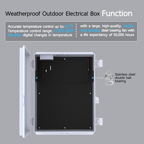 Image of Outdoor Electrical Box, Waterproof Electrical Junction Box IP65 ABS Plastic Enclosure with Fan & Thermostat, Mounting Plate and Hinged Lid (15.7 inch H x 11 inch L x 5.9 inch W)