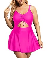 Yonique Women Plus Size One Piece Swimsuits with Skirt V Neck Floral Printed Swimderss Cutout Bathing Suits, Hot Pink, 16 Plus