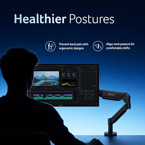 Image of Acer FlexArm Pro Monitor Arm Gas Spring Desk Mount for 13-32 Inch Monitors with 10kg Load Capacity, 360 Rotation, Tilt Swivel Adjust, VESA 75x75 & 100x100, C-Clamp Grommet Mount, Aluminium Build