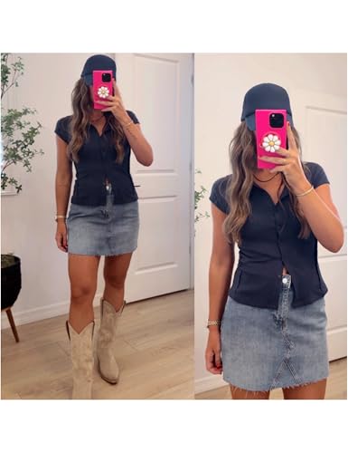 Image of Dqbeng Womens Summer Cardigans Cap Sleeve Ribbed Button up Shirts Fitted Basic Going Out Tops (Navy-M)