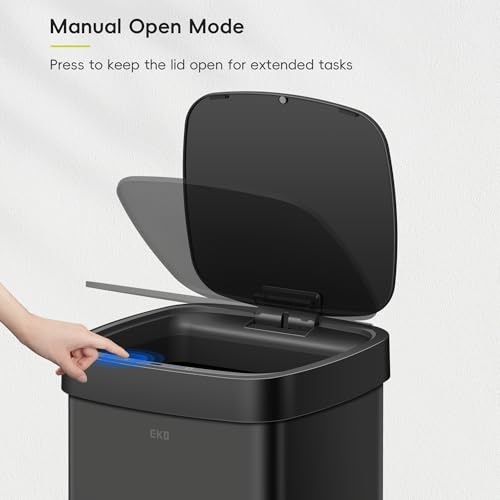 Image of EKO EcoSmart 80L / 21.1 Gallon Motion Sensor Trash Can or Recycling Bin - Tall, Large Touchless Kitchen Garbage Bin with Soft-Close Lid for Home or Office, Brushed Stainless Steel, Matte Black