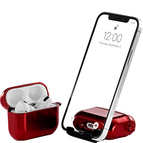 AirStand - Funda para AirPods Pro con Soporte Invisible para el teléfono, Compatible con los AirPods Pro, Funda de TPU y PC de protección Total a Prueba de Golpes con mosquetón para Llavero (Rubí) Cover