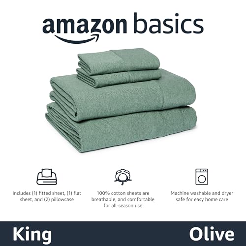 Image of Amazon Basics 100% Cotton Jersey Bed Sheet Set, King, Olive (Melange), Solid