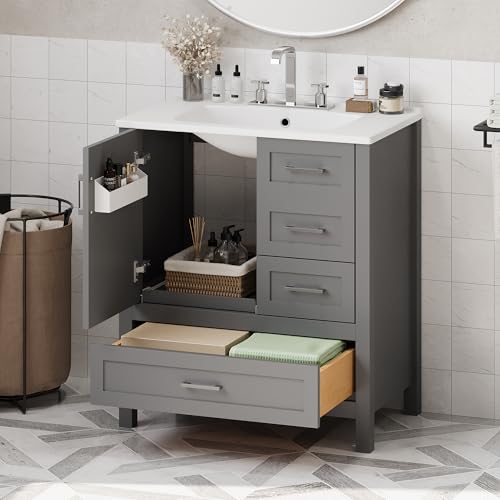 HiHomely 30 Inches Gray Bathroom Vanity with Sink Combo Set – Solid Wood Frame, Soft Close Door & 3 Drawers, Removable Tray – Stylish Storage Cabinet for Bathroom (3 Drawers + 1 Doors)
