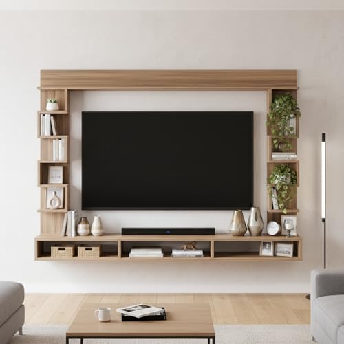 Image of FURNEASER Cabiar Wall Mount TV Unit for Living Room Wooden Entertainment Center with Storage Shelves Modern TV Panel Stand Showcase for up to 55 Inch Media Console Cabinet Exotic Teak