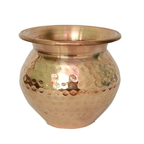 PARIJAT HANDICRAFT Copper Kalash, Handmade Indian Copper Kalash, Kalash Lota for Festival Puja (Hammered)