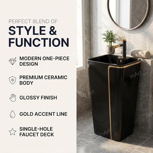 Image of InArt One Piece Ceramic Pedestal Free Standing Round Wash Basin for Living Room and Bathroom (17 x 14 x 34 Inch, Black Matt)