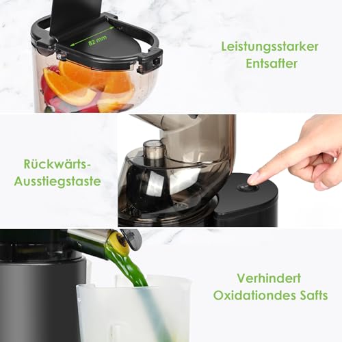 Entsafter Slow Juicer 500W, Saftpresse Elektrisch mit Umkehrfunktion, Entsafter Gemüse und Obst Testsieger 100% BPA Frei, 82MM Öffnung und 1,2L Juicer Machine, Spülmaschinenfest – Bild 4