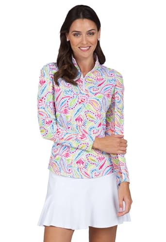 IBKUL Athleisure Wear Sun Protective UPF 50+ Icefil Cooling Tech Massie Print Long Sleeve Mock Neck Top – 10541 Watermelon Multi Massie S