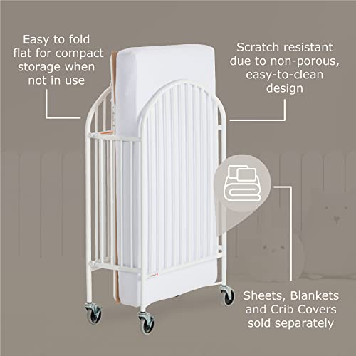 Foundations Pinnacle Folding Steel Crib, Portable Baby Crib With Commercial Grade 3" Casters, Heavy Duty Steel Hotel Crib, Includes 4 Inch Foam Mattress, White #TOP5