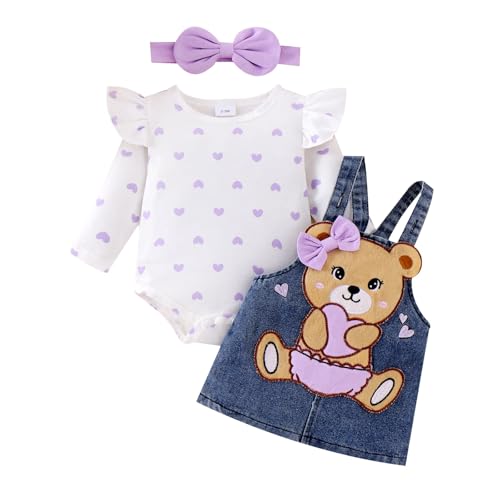 Image of TOKIAGO Baby Girl Clothes Fall Winter Outfits Long Sleeve Romper Bear Cartoon Suspender Skirt Bow Headband Set 0-18 Months