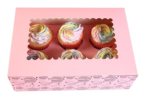 Image of mudrit Cupcake Boxes with Insert Trays (Pack of 10), Cupcake Carrier, Food Grade Bakery Boxes with Windows to fit 6 Cupcakes, Muffins or Pastries (Pink)