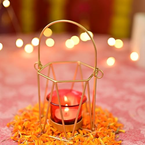 Image of MARKET 99 Iron & Glass Single T-Light Holder | Romantic Cylindrical Tealight Candle Stand for Valentine's Day Decor & Gifting | Diwali, Christmas, Birthday & Wedding Decoration | Red & Golden Matte
