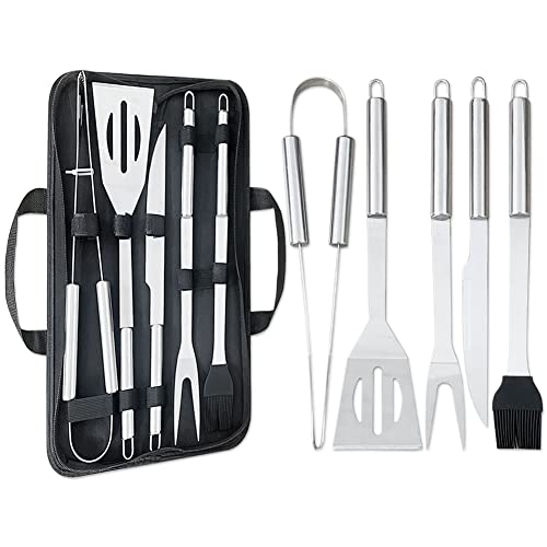 Liujiami 5Pcs Professional BBQ Tools Set with Storage Bag - Thickened Stainless Steel BBQ Accessories Set - Spatula, Fork, Basting Brush, Table knife, Tongs Best for Grilling