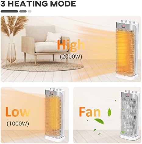 HOMCOM Electric Space Heater Table Top Freestanding Oscillating Ceramic Heater with 2 Heat and Fan, Tip-Over and Overheat Protection for Home and Office, 1000W/2000W, White