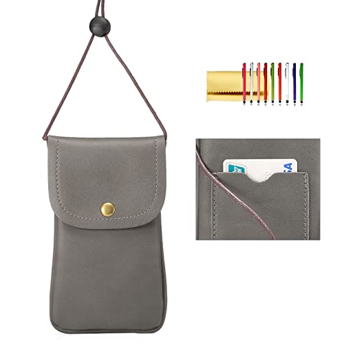 Cell Phone Neck Pouch, Techcircle PU Leather Carrying Bag with Credit Card Holder Adjustable Strap, Small Travel Purse for iPhone 11 XR XS Max SE 8 7 6 Plus, Galaxy S10 S7 Edge A10 J7, Moto G6 (Gray)