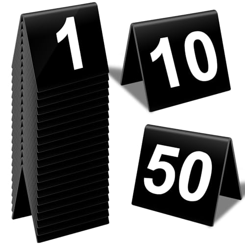 Números de mesa del 1 al 50, acrílico de doble cara para tienda de campaña, números de mesa de boda, números de mesa para boda, recepción, restaurante, fiesta, banquetes, 2.36 x 6.3 pulgadas (negro)