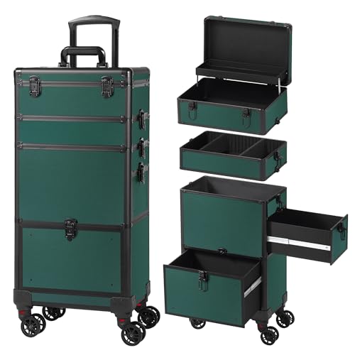 Somduy Makeup Train Case with Drawer, Rolling Makeup Case, Cosmetology Case on Wheels, Gift, Travel Makeup Organizers, Profesional Cosmetic Case for Salon Barber,Nail,Tattoo,Green