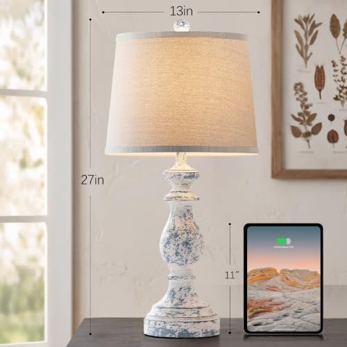 Image of PARTPHONER Traditional Table Lamp Set of 2, Rustic Farmhouse Table Lamps for Living Room Bedroom, 27 inch Bedside Desk Lamps Vintage Nightstand Lamps with Linen Shades, Washed Blue