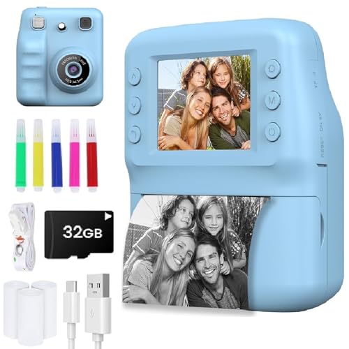 YUMBOT Kids Camera Instant Print, Digital Camera for Kids with No Ink Print Paper & 32G TF Card, Selfie Video Camera with Color Pens for DIY, Fun Gift for Girls Boys 3-14 Years Old, Blue