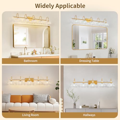 Image of Gold Bathroom Vanity Light, 5-Light Brushed Gold Finish Vanity Light with Floral Clear Glass Shades, Vintage Wall Mount Lighting for Bathroom, Dressing Table