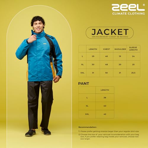 Image of ZEEL Rain Coat For Men with Adjustable Velcro Hood, Polyester Waterproof Full Sleeves Raincoat, Top and Bottom Set Rainwear, Front Zip with Flap, Lightweight Raincoat (EJS511, Black and Blue, XL)