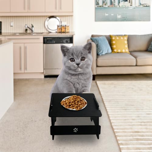 Comedouro Pet Elevado 14cm Em Mdf Preto Pote Inox Minimalista