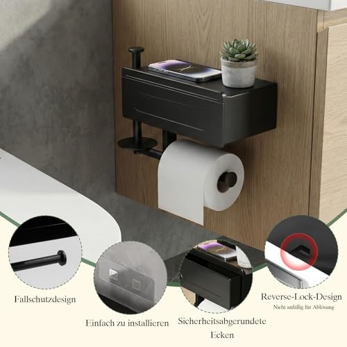 2-in-1 Toilettenpapierhalter Ohne Bohren Schwarz,Klopapierhalter mit Feuchttücherbox,Wc Papier Halterung Rollenhalter mit Kleber,Klorollenhalter mit Ablage für Badezimmer,Toilette