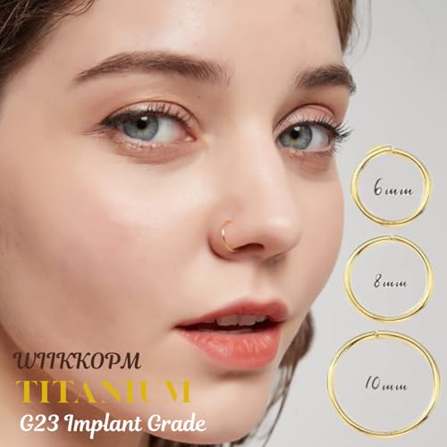 WIIKKOPM 3pk Titanium Gold Nose Rings, Thin Guage 22G, 6mm 8mm 10mm, Snug Super Snug rings for septum lip Tragus Ear Hypoallergenic, Skin Freindly Bending Hoops - Image 2
