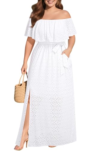 Image of Pinup Fashion Women Plus Size Summer Dresses - Off The Shoulder Wedding Guest Eyelet Casual Maxi Dress Pockets