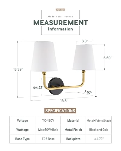 Image of 2-Light Bathroom Light Fixtures, Black and Gold Vanity Lights, Double Wall Sconce with Flared White Fabric Shade, Modern Sconces Wall Lighting for Hallway Bedroom Stairway, VL837-KG-2