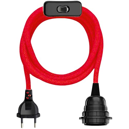 Portalámpara E27 con Interruptor, Adaptador de lámpara E27, Base para Bombilla, Enchufe + Interruptor ON/Off, Cable 2 Metros, Casquillo e27, Diseño Vintage, máx. 60W, Trenzado (Rojo)
