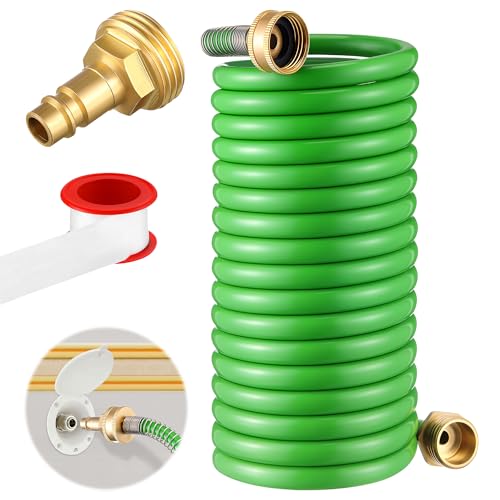 Image of RV Exterior Shower Hose, 15FT Green Coil Water Hose with 1 /2 inch Quick Connect Adapter, Recoils to 9 inch, Weather Resistant Recoil Garden Camper Tube for RV Outdoor Shower, Garden Use, 3 /4 inch Fitting