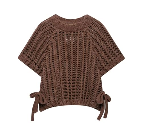 Womens Chunky Knit Cropped Sweater Vest Cute Side Bow Tie Hollow Out Loose Pullover Sweater