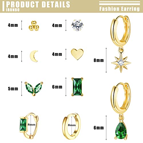 HAIAISO 10 Pairs 14K Gold Plated Huggie Hoop Studs Earrings for Women Small Dangle Hoop Earring Stacks Green Earrings Set for Multiple Piercing2