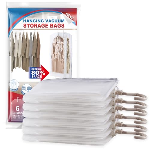 Hanging Vacuum Storage Bags, 6 Pack Large Hanging Vacuum Seal Garment Bags for Clothing, Space Saver for Clothes, Suits, Dresses, Jackets, Clothing Storage for Moving Supplies(6 Long) by VELMADE - Used condition - US$30.65